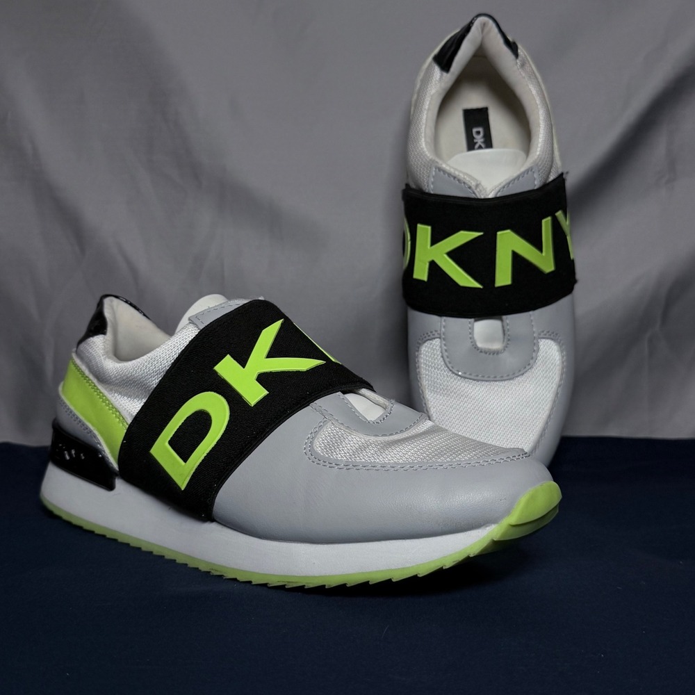 DKNY K4165413 Slip On Sneakers Womens 7M Grey Neon Lime Good Logo Strap Trainers